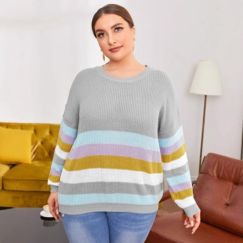 Women's Striped Color Blocked Knitted Sweater - Autumn And Winter Loose Casual Pullover