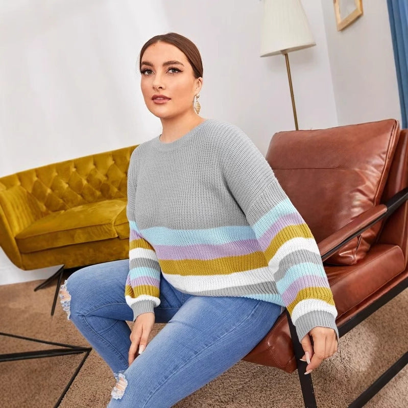 Women's Striped Color Blocked Knitted Sweater - Autumn And Winter Loose Casual Pullover