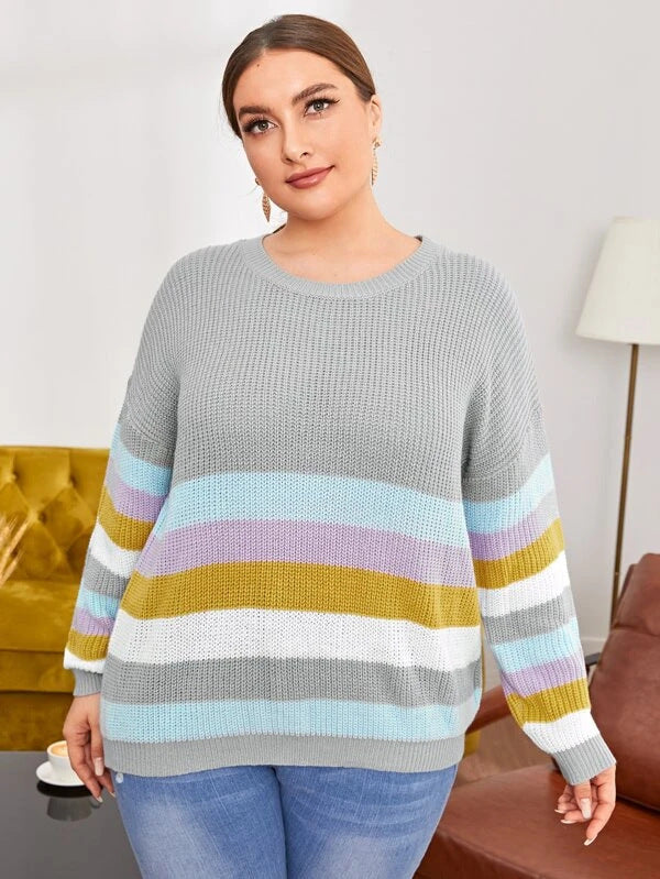 Women's Striped Color Blocked Knitted Sweater - Autumn And Winter Loose Casual Pullover
