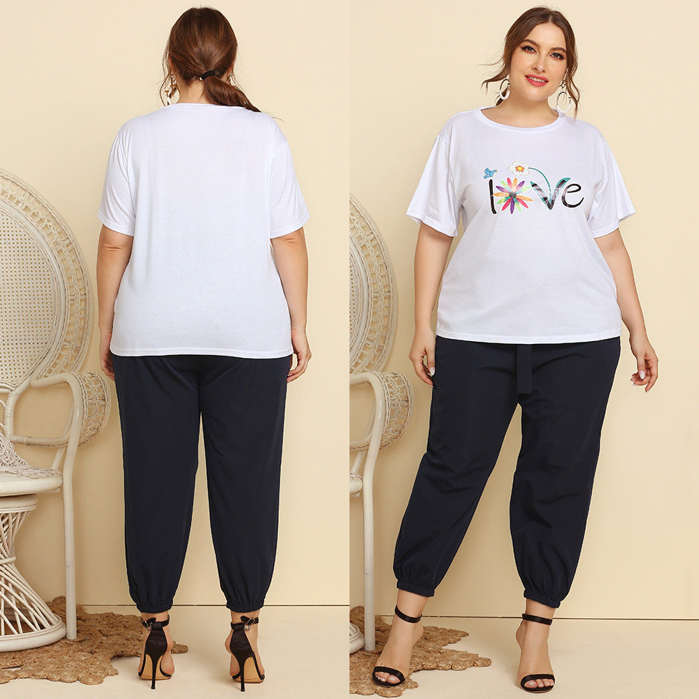 Women's Round Neck Print T-shirt Lace-up Solid Color Long Casual Suit