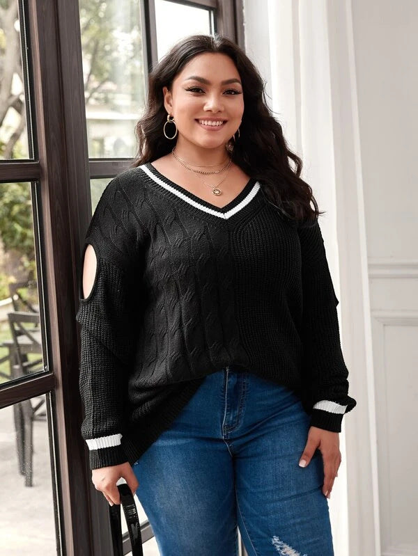 Color Blocking Spliced Knitted Sweater For Women - Slimming Loose Long Sleeved Pullover