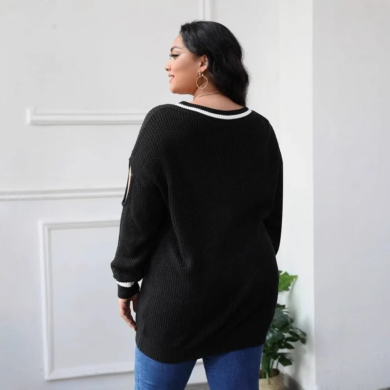 Color Blocking Spliced Knitted Sweater For Women - Slimming Loose Long Sleeved Pullover