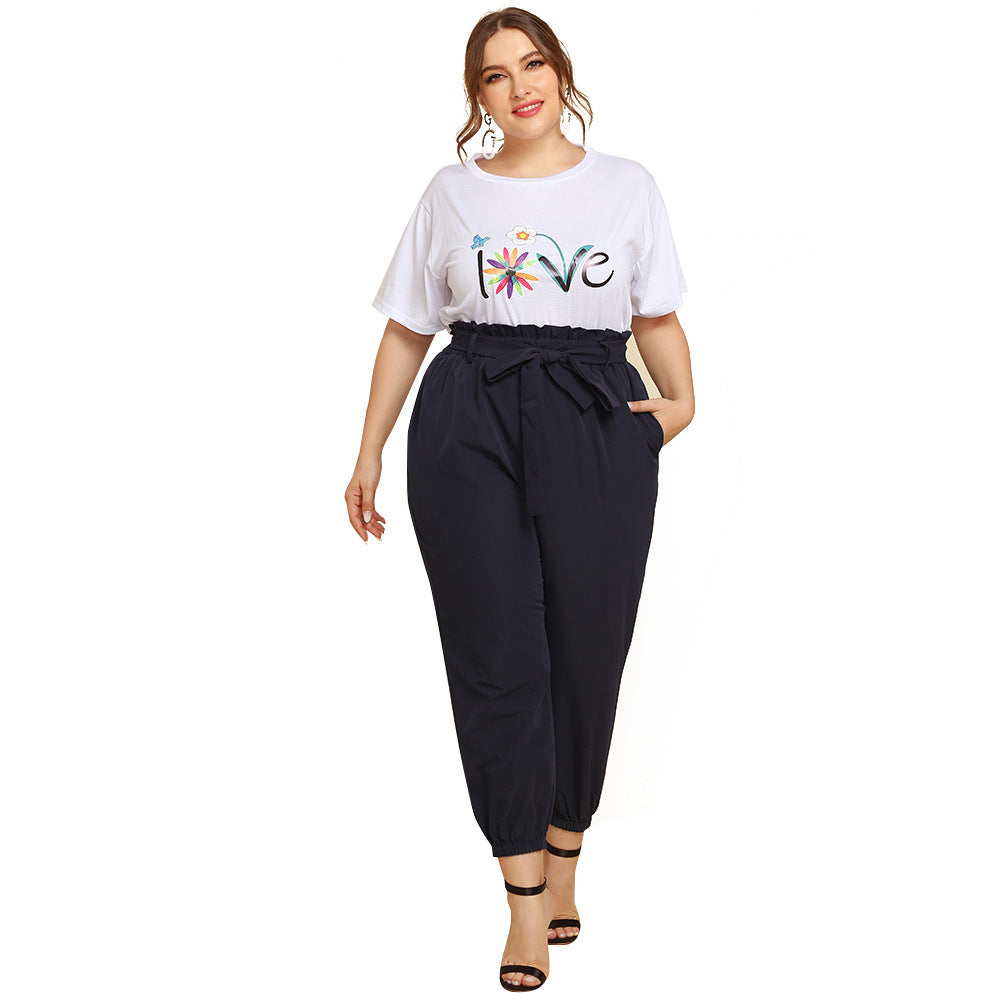 Women's Round Neck Print T-shirt Lace-up Solid Color Long Casual Suit