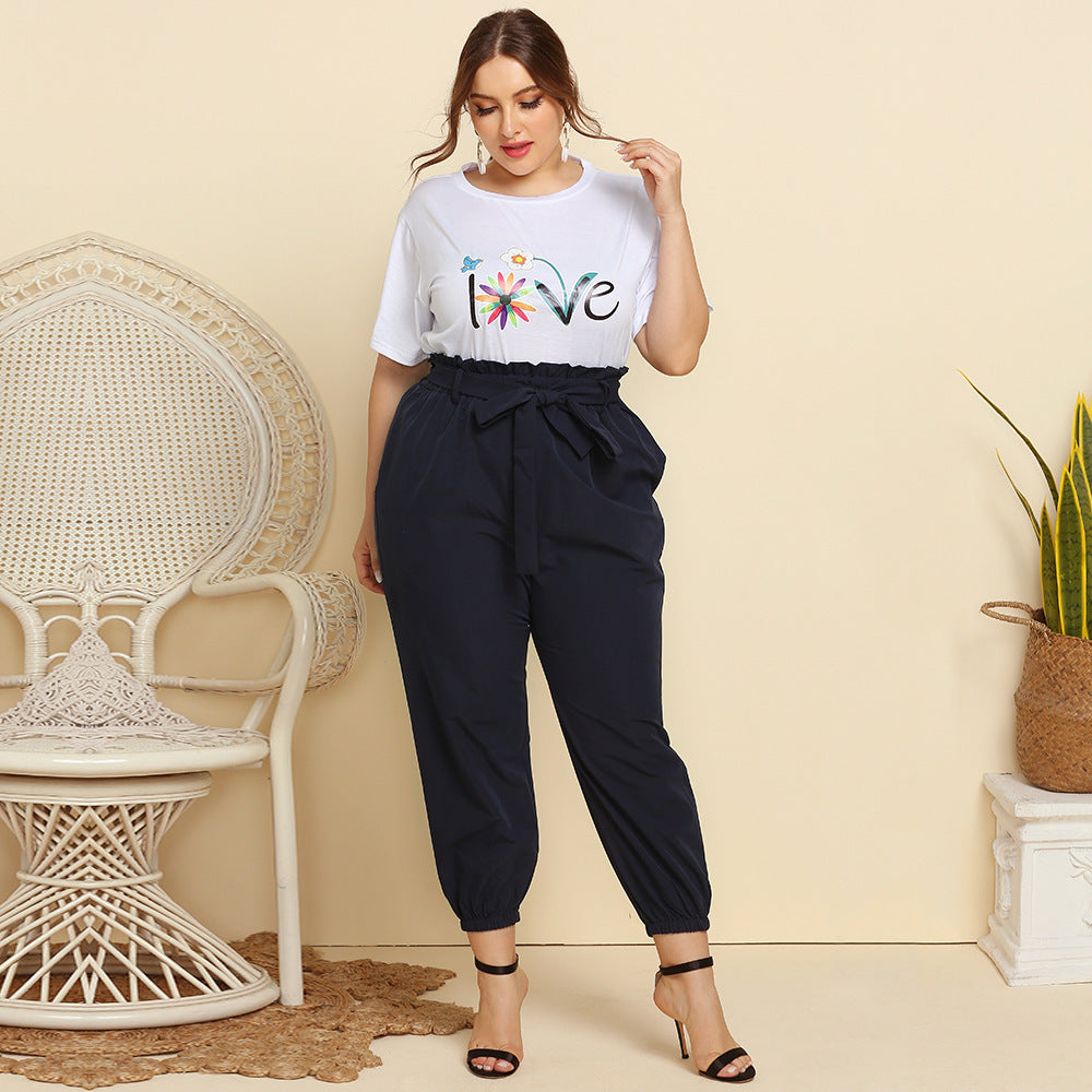 Women's Round Neck Print T-shirt Lace-up Solid Color Long Casual Suit