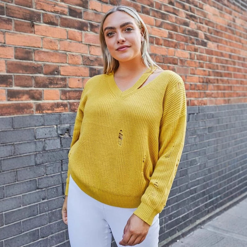 Elegant Knitted Winter Women's Sweater - Breathable Loose Hoodie With V-neck Design, Comfortable And Fashionable Knitted Clothing