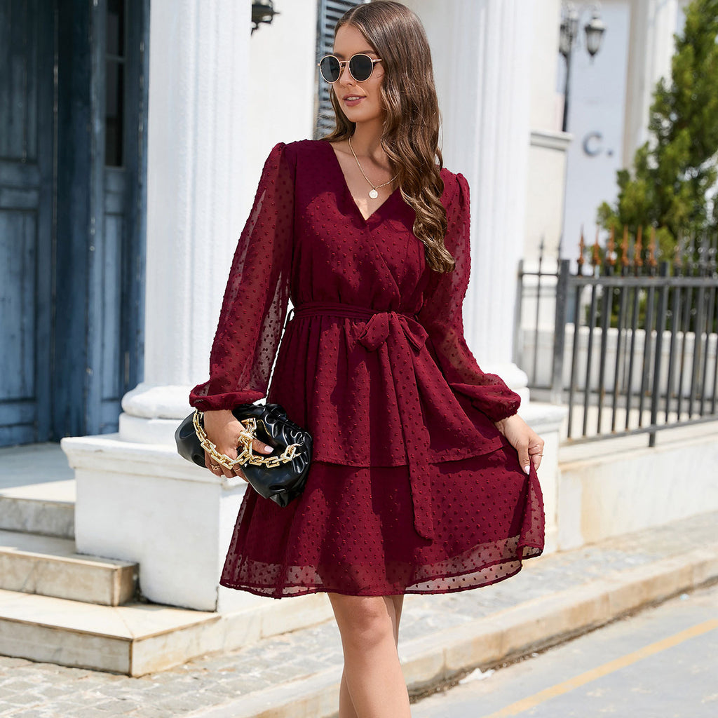 Chiffon V-neck Lantern Sleeves Long Sleeve Belt Dress