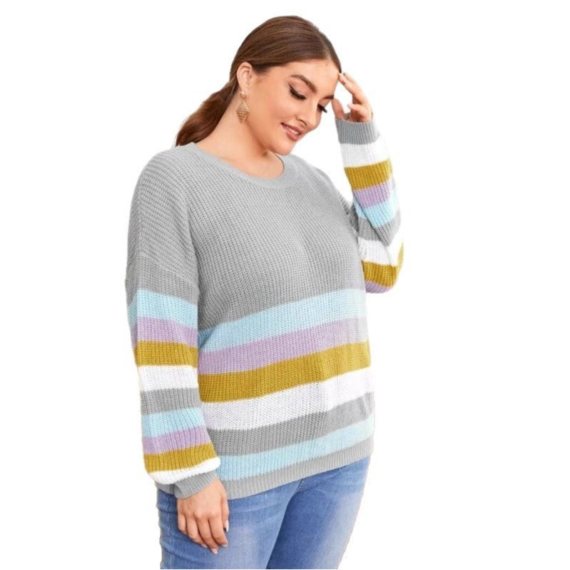 Women's Striped Color Blocked Knitted Sweater - Autumn And Winter Loose Casual Pullover