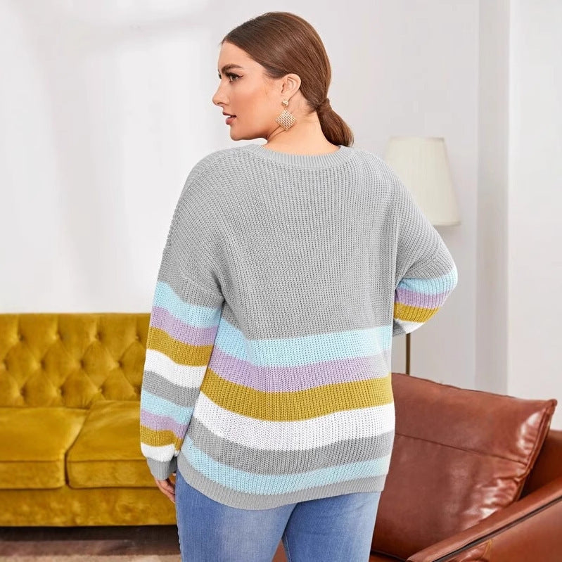 Women's Striped Color Blocked Knitted Sweater - Autumn And Winter Loose Casual Pullover